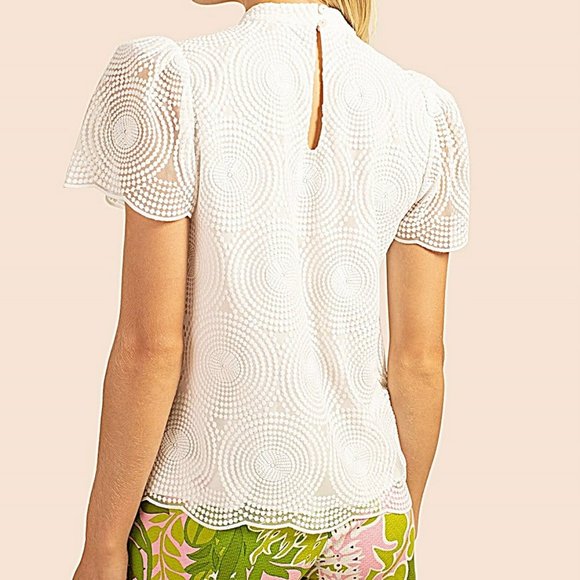 Trina Turk White Embroidered Mesh Top XS Short Puff Sleeve Blouse Mod Chic - Picture 2 of 14